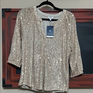 crown & ivy Champagne Sequin V-Neck 3/4 Sleeve Top
